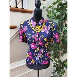 Karin Stevens Women Floral Polyester Short Sleeve Collared Button Down Shirt 10
